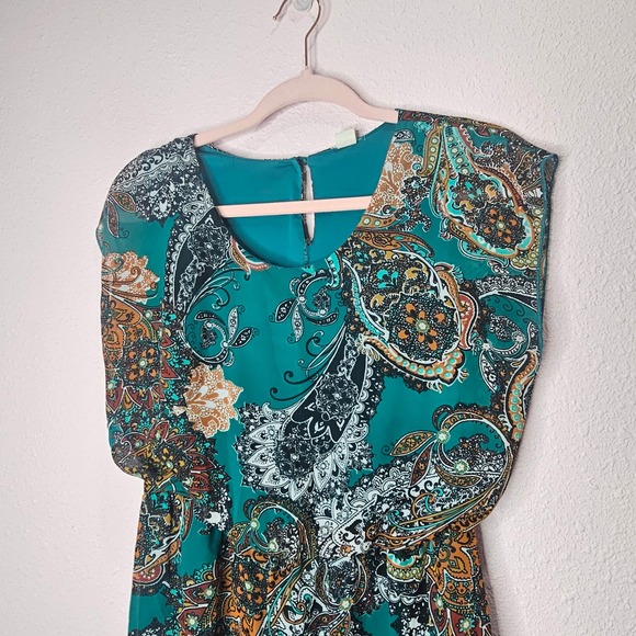 Paisley Print Green Dress Sheer Overlay Sleeveless Party Cocktail Autumn Harvest - Picture 2 of 12